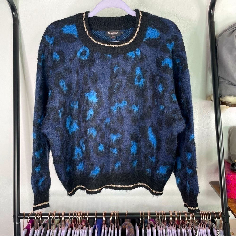 𝅺soaked in Luxury Blue Leopard Olive Pullover Sweater